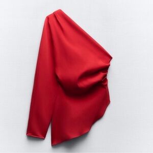 Zara Red Asymmetrical One-Shoulder Rouched Top